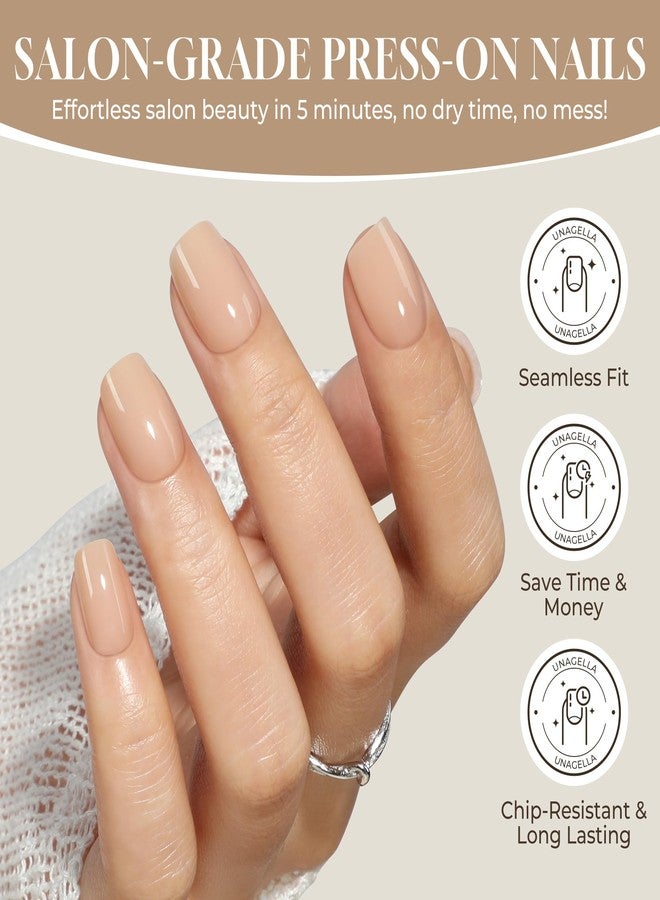 UNA GELLA Short Square Press On Nails: Nude Soft Gel Press Ons Short with Nail Glue, 16 Sizes - 32 Reusable Fake Nails Kit, Skin Tone Nude - Image 2